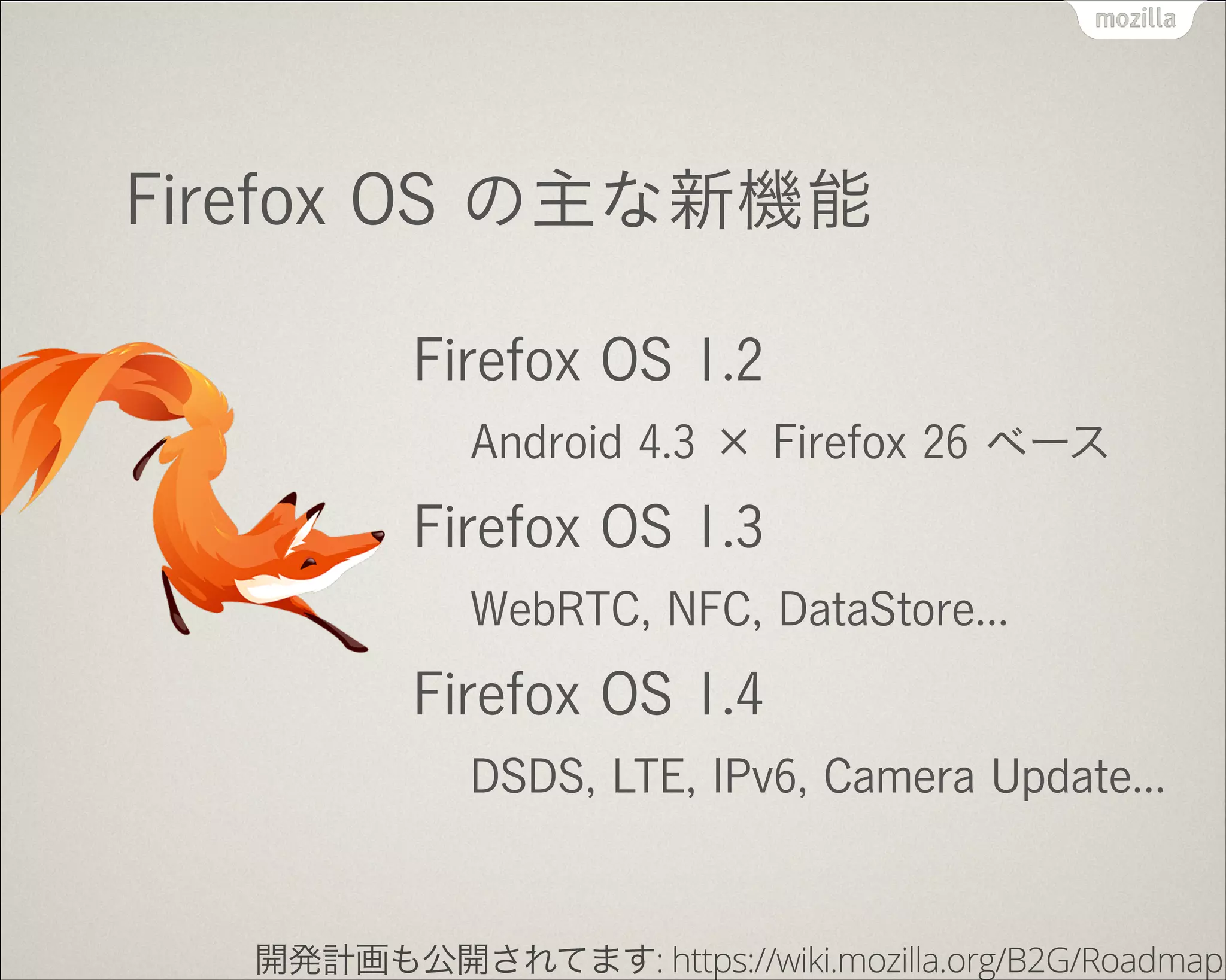 Firefox OS の主な新機能
Firefox OS 1.2
Android 4.3 × Firefox 26 ベース
Firefox OS 1.3
WebRTC, NFC, DataStore...
Firefox OS 1.4
DSDS, LTE, IPv6, Camera Update...
開発計画も公開されてます: https://wiki.mozilla.org/B2G/Roadmap
 