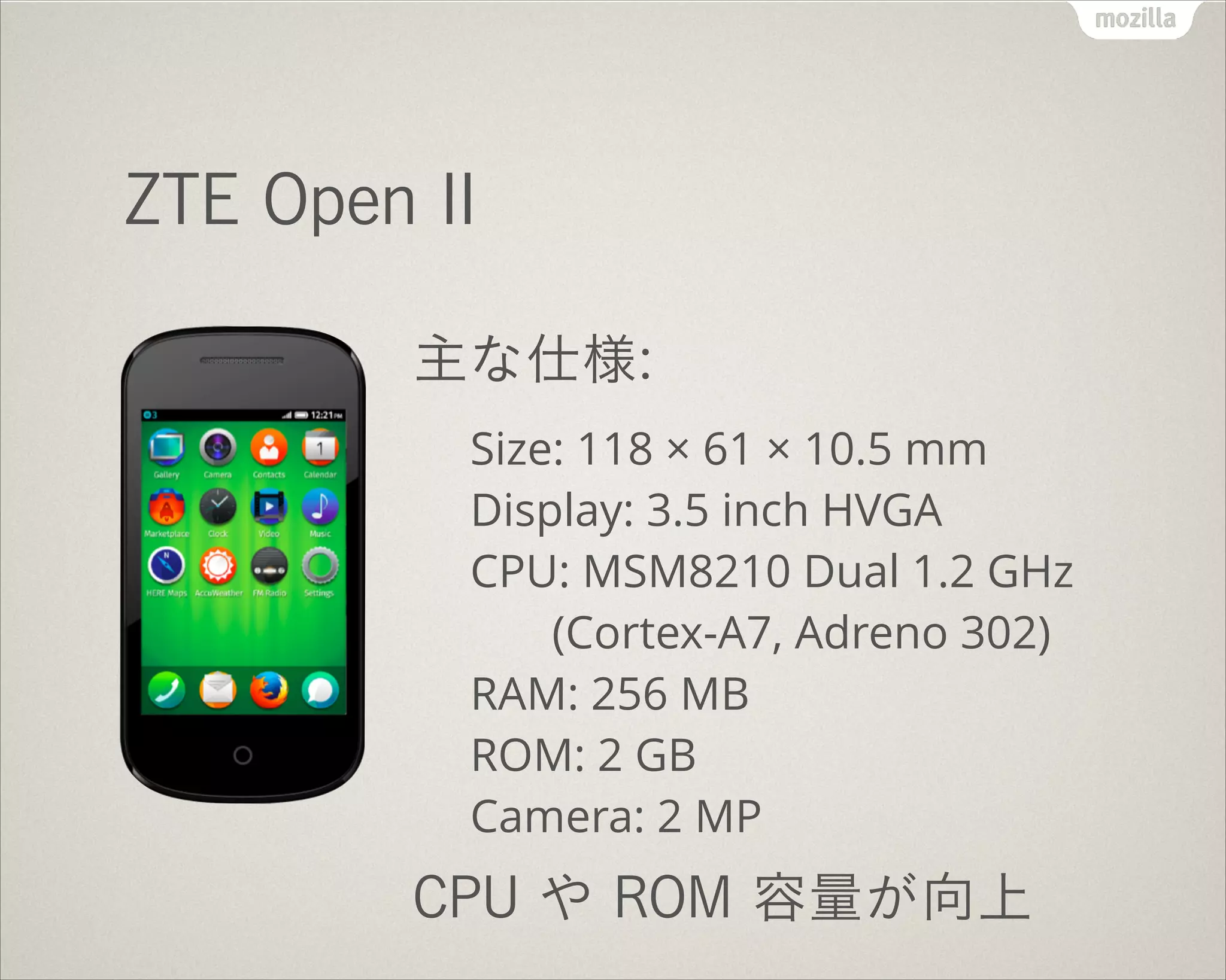 ZTE Open II
主な仕様:
Size: 118 × 61 × 10.5 mm 
Display: 3.5 inch HVGA 
CPU: MSM8210 Dual 1.2 GHz 
(Cortex-A7, Adreno 302) 
RAM: 256 MB 
ROM: 2 GB 
Camera: 2 MP
CPU や ROM 容量が向上
 