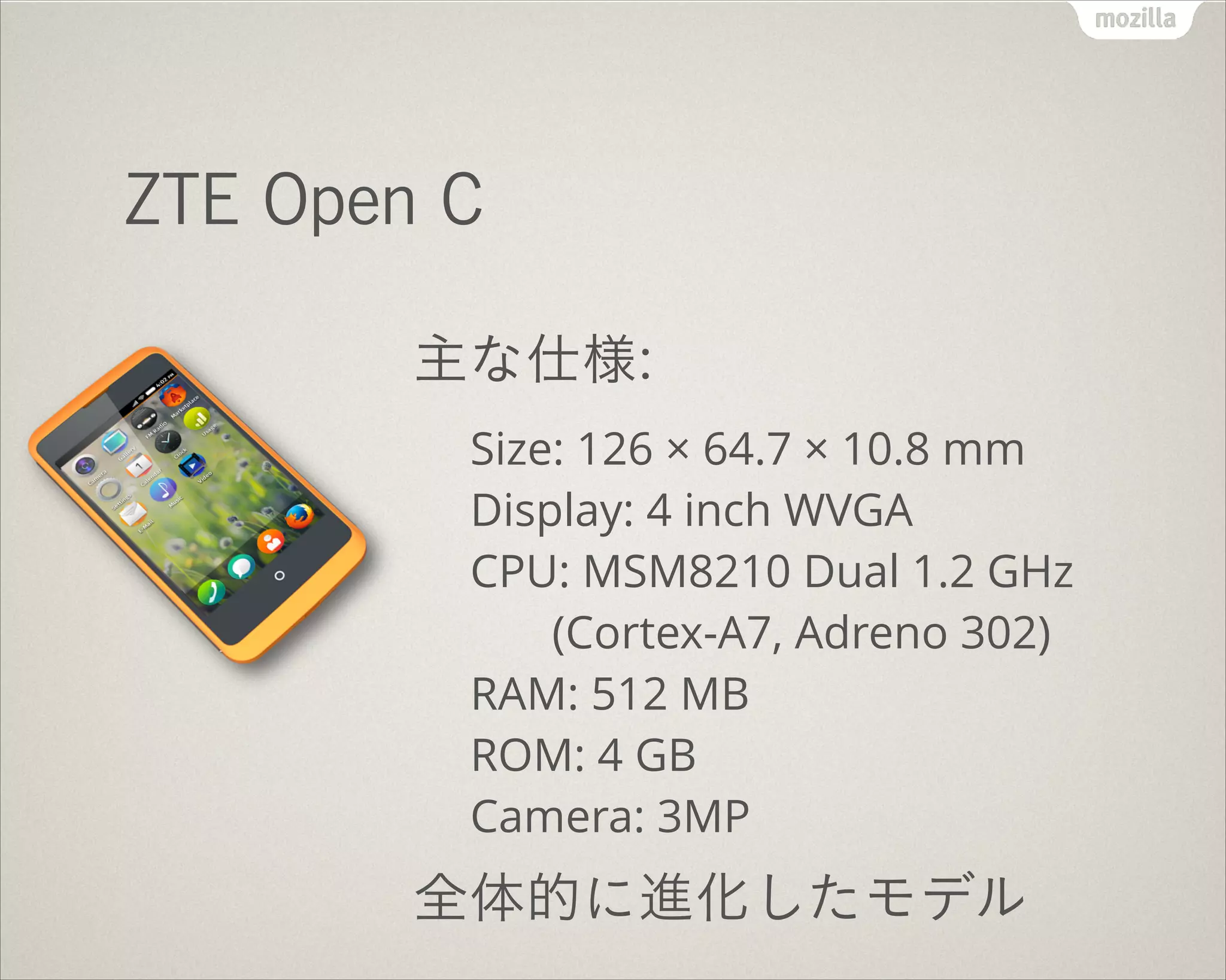 ZTE Open C
主な仕様:
Size: 126 × 64.7 × 10.8 mm 
Display: 4 inch WVGA 
CPU: MSM8210 Dual 1.2 GHz 
(Cortex-A7, Adreno 302) 
RAM: 512 MB 
ROM: 4 GB 
Camera: 3MP
全体的に進化したモデル
 