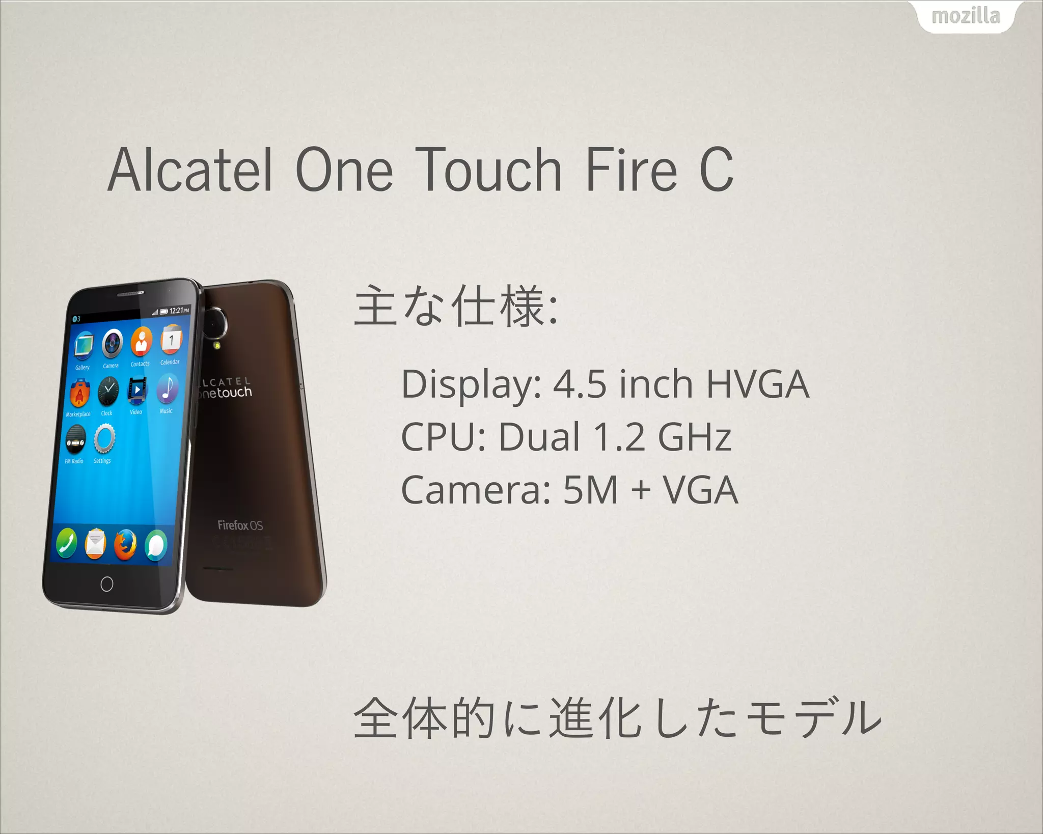 !
Alcatel One Touch Fire C
主な仕様:
Display: 4.5 inch HVGA 
CPU: Dual 1.2 GHz 
Camera: 5M + VGA
!
!
全体的に進化したモデル
 