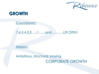 GROWTH Countdown: 7,6,5,4,3,2….,1……and………..Lift Off!!!! Mission: Ambitious, structural, paying CORPORATE GROWTH maart 2009 