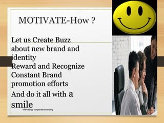 MOTIVATE-How ?
March 24, 2009Marketing- corporate branding 44
Let us Create BuzzLet us Create Buzz
about new brand andabout new brand and
identityidentity
Reward and RecognizeReward and Recognize
Constant BrandConstant Brand
promotion effortspromotion efforts
And do it all withAnd do it all with aa
smilesmile
 