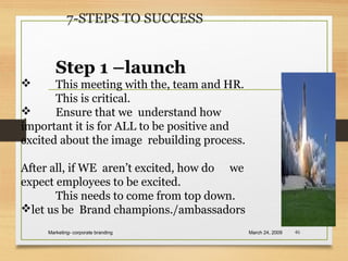7-STEPS TO SUCCESS
March 24, 2009Marketing- corporate branding 46
Step 1 –launch
 This meeting with the, team and HR.
This is critical.
 Ensure that we understand how
important it is for ALL to be positive and
excited about the image rebuilding process.
After all, if WE aren’t excited, how do we
expect employees to be excited.
This needs to come from top down.
let us be Brand champions./ambassadors
 