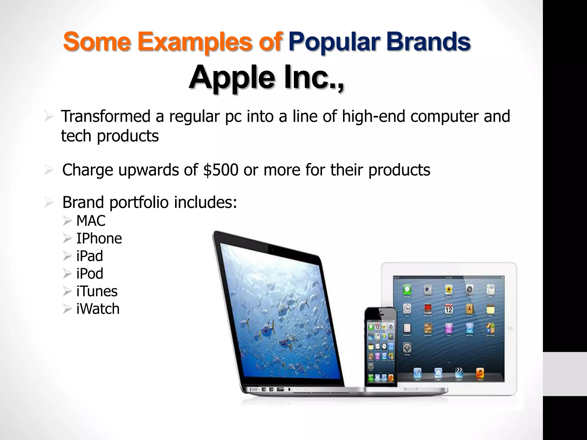 Some Examples of Popular Brands 
Apple Inc., 
 Transformed a regular pc into a line of high-end computer and 
tech products 
 Charge upwards of $500 or more for their products 
 Brand portfolio includes: 
 MAC 
 IPhone 
 iPad 
 iPod 
 iTunes 
 iWatch 
 