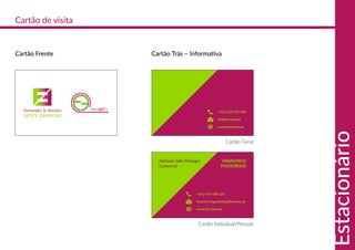 Cartão Frente Cartão Trás – Informativa
Cartão de visita
Estacionário
f3@fterceiro.pt
www.fterceiro.pt
+351 214 259 200
Cartão Geral
Cartão Individual/Pessoal
francisco.ﬁgueiredo@fterceiro.pt
www.fterceiro.pt
+351 919 688 324
FRANCISCO
FIGUEIREDO
National Sales Manager
Comercial
 