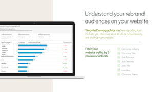 Understand your rebrand
audiences on your website
Website Demographics is a free reporting tool
that lets you discover wha...