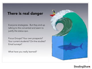 ®
B E Y O N D T H E O R Y
Everyone strategizes. But they end up
talking to the converted and seem to
justify the status quo.
!
Focus Groups? Your own prospects?
Your current students? On-line studies?
Email surveys?
!
What have you really learned?
There is real danger
 