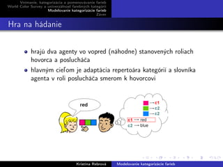 Vnímanie, kategorizácia a pomenovávanie farieb
World Color Survey a univerzálnosť farebných kategórií
Modelovanie kategorizácie farieb
Záver
Hra na hádanie
hrajú dva agenty vo vopred (náhodne) stanovených roliach
hovorca a poslucháča
hlavným cieľom je adaptácia repertoára kategórií a slovníka
agenta v roli poslucháča smerom k hovorcovi
Kristína Rebrová Modelovanie kategorizácie farieb
 