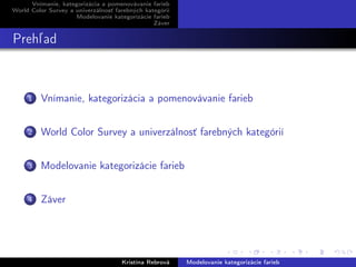 Vnímanie, kategorizácia a pomenovávanie farieb
World Color Survey a univerzálnosť farebných kategórií
Modelovanie kategorizácie farieb
Záver
Prehľad
1 Vnímanie, kategorizácia a pomenovávanie farieb
2 World Color Survey a univerzálnosť farebných kategórií
3 Modelovanie kategorizácie farieb
4 Záver
Kristína Rebrová Modelovanie kategorizácie farieb
 