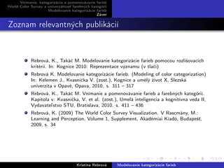 Vnímanie, kategorizácia a pomenovávanie farieb
World Color Survey a univerzálnosť farebných kategórií
Modelovanie kategorizácie farieb
Záver
Zoznam relevantných publikácií
Rebrová, K., Takáč M. Modelovanie kategorizácie farieb pomocou rozlišovacích
kritérií. In: Kognice 2010: Reprezentace významu (v tlači)
Rebrová K. Modelovanie kategorizácie farieb. (Modeling of color categorization)
In: Kelemen J., Kvasnička V. (zost.), Kognice a umělý život X, Slezská
univerzita v Opavě, Opava, 2010. s. 311 – 317
Rebrová, K., Takáč M. Vnímanie a pomenovávanie farieb a farebných kategórií.
Kapitola v: Kvasnička, V. et al. (zost.), Umelá inteligencia a kognitívna veda II,
Vydavateľstvo STU, Bratislava, 2010. s. 411 – 436
Rebrová, K. (2009) The World Color Survey Visualization. V Rascmány, M.:
Learning and Perception, Volume 1, Supplement, Akadémiai Kiadó, Budapešť,
2009, s. 34
Kristína Rebrová Modelovanie kategorizácie farieb
 