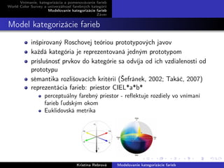 Vnímanie, kategorizácia a pomenovávanie farieb
World Color Survey a univerzálnosť farebných kategórií
Modelovanie kategorizácie farieb
Záver
Model kategorizácie farieb
inšpirovaný Roschovej teóriou prototypových javov
každá kategória je reprezentovaná jedným prototypom
príslušnosť prvkov do kategórie sa odvíja od ich vzdialenosti od
prototypu
sémantika rozlišovacích kritérií (Šefránek, 2002; Takáč, 2007)
reprezentácia farieb: priestor CIEL*a*b*
perceptuálny farebný priestor - reﬂektuje rozdiely vo vnímaní
farieb ľudským okom
Euklidovská metrika
Kristína Rebrová Modelovanie kategorizácie farieb
 