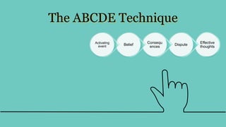 The ABCDE Technique
Effective
thoughts
Dispute
Consequ
ences
Belief
Activating
event
 
