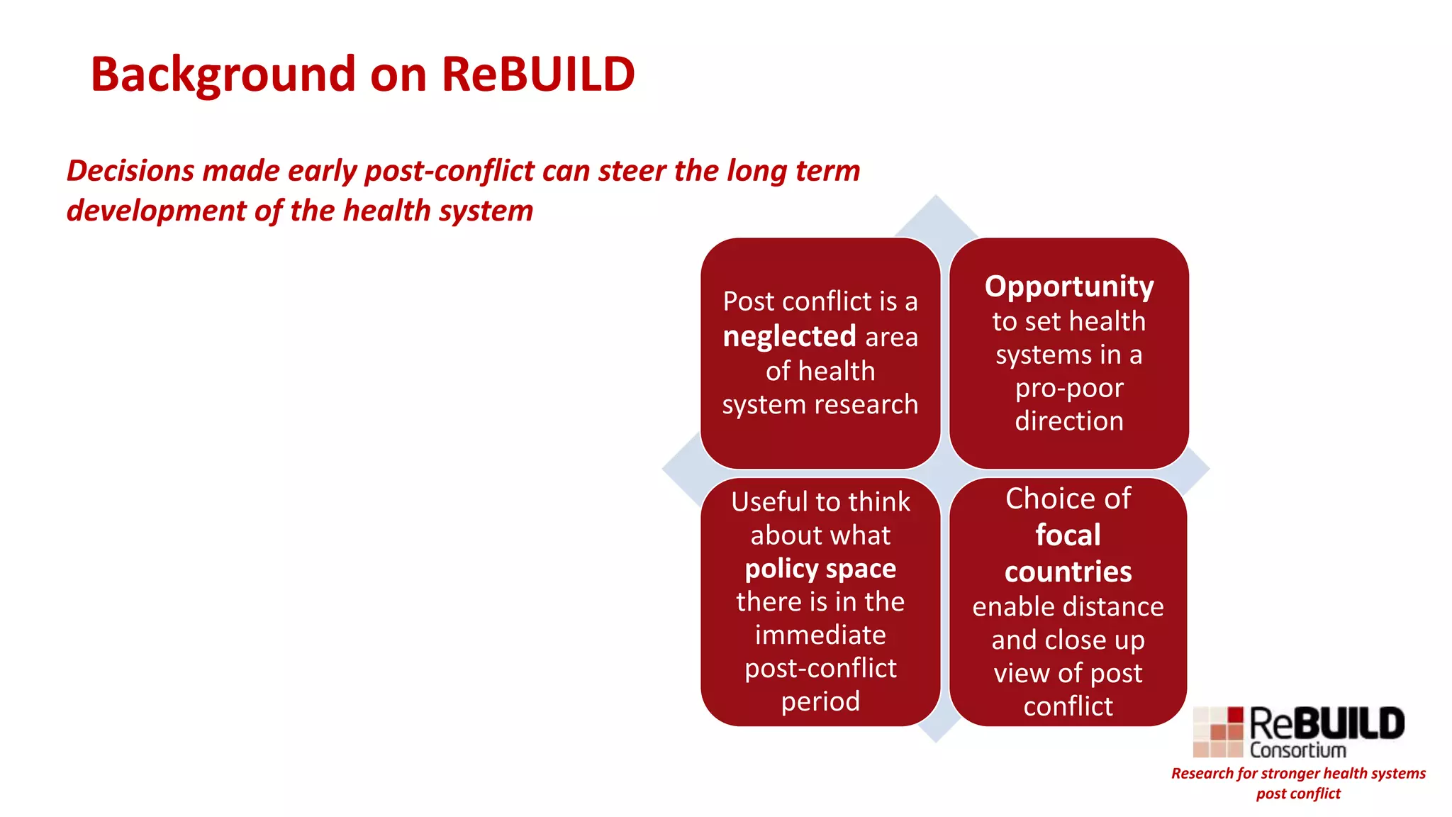 Background on ReBUILD
Post conflict is a
neglected area
of health
system research
Opportunity
to set health
systems in a
pro-poor
direction
Useful to think
about what
policy space
there is in the
immediate
post-conflict
period
Choice of
focal
countries
enable distance
and close up
view of post
conflict
Decisions made early post-conflict can steer the long term
development of the health system
Research for stronger health systems
post conflict
 