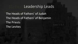 Leadership Leads
The Heads of Fathers’ of Judah
The Heads of Fathers’ of Benjamin
The Priests
The Levites
 
