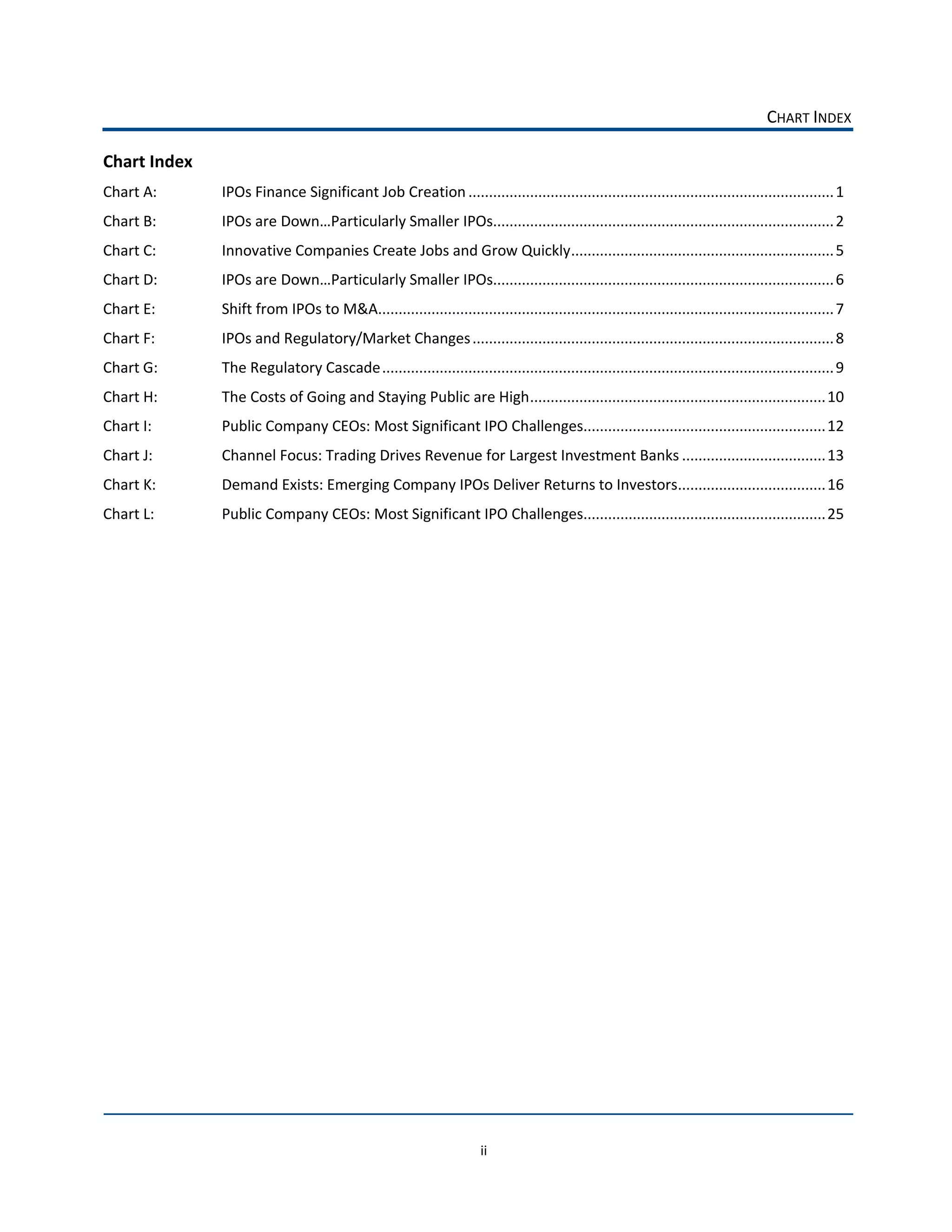CHART  INDEX  

Chart  Index  
Chart  A:        IPOs  Finance  Significant  Job  Creation  .........................................................................................  1  
Chart  B:                                                                         ...................................................................................  2  
                                                                                    
Chart  C:        Innovative  Companies  Create  Jobs  and  Grow  Quickly  ................................................................  5  
Chart  D:        IPOs  are                                                        ...................................................................................  6  
                                                                                    
Chart  E:                                  ...............................................................................................................  7  
                 Shift  from  IPOs  to  M&A  
Chart  F:        IPOs  and  Regulatory/Market  Changes  ........................................................................................  8  
Chart  G:        The  Regulatory  Cascade  ..............................................................................................................  9  
Chart  H:        The  Costs  of  Going  and  Staying  Public  are  High  ........................................................................  10  
Chart  I:                                                                  ...........................................................  12  
                 Public  Company  CEOs:  Most  Significant  IPO  Challenges  
Chart  J:        Channel  Focus:  Trading  Drives  Revenue  for  Largest  Investment  Banks  ...................................  13  
Chart  K:                                                                                 ....................................  16  
                 Demand  Exists:  Emerging  Company  IPOs  Deliver  Returns  to  Investors  
Chart  L:                                                                  ...........................................................  25  
                 Public  Company  CEOs:  Most  Significant  IPO  Challenges  
  




                                                                           ii  
 