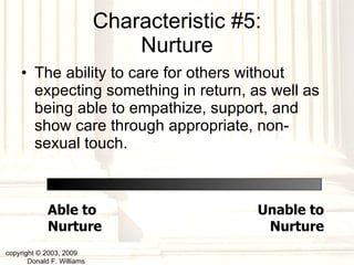 Characteristic #5: Nurture The ability to care for others without expecting something in return, as well as being able to empathize, support, and show care through appropriate, non-sexual touch. copyright © 2003, 2009  Donald F. Williams Able to Nurture Unable to Nurture 