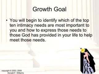 Growth Goal You will begin to identify which of the top ten intimacy needs are most important to you and how to express those needs to those God has provided in your life to help meet those needs. copyright © 2003, 2009  Donald F. Williams 