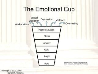 The Emotional Cup copyright © 2003, 2009  Donald F. Williams Workaholism Sexual Addiction Depression Over-eating Violence Adapted from  Intimate Encounters,  by David Ferguson, Intimate Life Ministries Positive Emotion Stress Anxiety Guilt Anger Hurt 