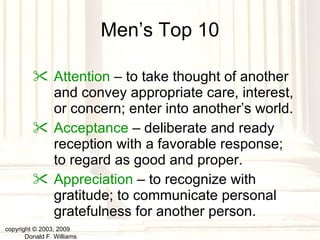 Men’s Top 10 Attention  – to take thought of another and convey appropriate care, interest, or concern; enter into another’s world. Acceptance  – deliberate and ready reception with a favorable response; to regard as good and proper. Appreciation  – to recognize with gratitude; to communicate personal gratefulness for another person. copyright © 2003, 2009  Donald F. Williams 