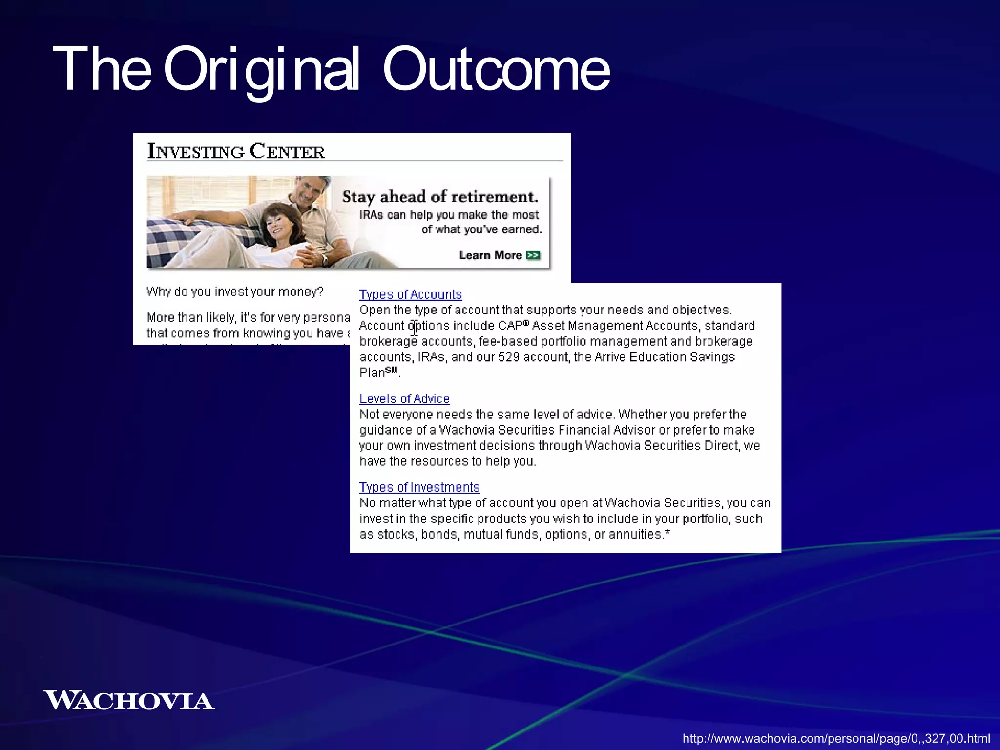The Original Outcome

http://www.wachovia.com/personal/page/0,,327,00.html

 