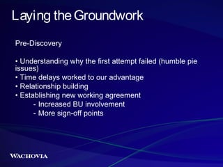 Laying the Groundwork
Pre-Discovery
• Understanding why the first attempt failed (humble pie
issues)
• Time delays worked ...