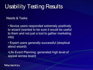 Usability Testing Results
Needs & Tasks
• Novice users responded extremely positively
to wizard (wanted to be sure it woul...
