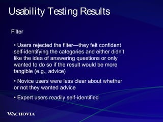 Usability Testing Results
Filter
• Users rejected the filter—they felt confident
self-identifying the categories and eithe...
