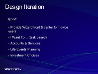 Design Iteration
Hybrid:
• Provide Wizard front & center for novice
users
• I Want To… (task based)
• Accounts & Services
...