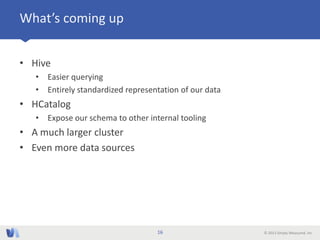 © 2013 Simply Measured, Inc
What’s coming up
• Hive
• Easier querying
• Entirely standardized representation of our data
• HCatalog
• Expose our schema to other internal tooling
• A much larger cluster
• Even more data sources
16
 