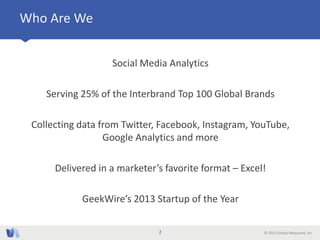 © 2013 Simply Measured, Inc
Who Are We
Social Media Analytics
Serving 25% of the Interbrand Top 100 Global Brands
Collecting data from Twitter, Facebook, Instagram, YouTube,
Google Analytics and more
Delivered in a marketer’s favorite format – Excel!
GeekWire’s 2013 Startup of the Year
2
 