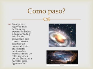 
En algunas
regiones más
densas esta
expansión habría
sido retardada y
esto habría
provocado que
comenzasen a
colapsar de
nuevo, el tirón
gravitatorio
debido a las
materias fuera de
estas regiones
podría empezar a
hacerlas girar
ligeramente.
Como paso?