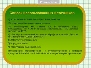 Список использованных источников
1). Ю. В. Раевский «Веселая азбука» Киев, 1991 год
2). «Картинный словарь русского языка.
3). Александрова Э.Б., Лёвшин В.А. В лабиринте чисел:
Путешествие от А до Я со всеми остановками. – М.: Детская
литература, 1977.
4). Клипарт из школьной коллекции «Графика и дизайн. Диск №
45», программа «COREL DRAW x 3».
5). http://www.prozagadki.ru
6).http://nsportal.ru
7). http://puzzle-ru.blogspot.com
Иллюстрации отсканированы и отредактированы с помощью
программ Paint и Microsoft Office Picture Manager автором презентации
Prezentacii.com
 