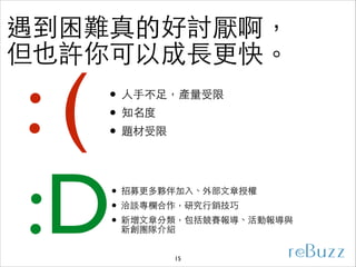 遇到困難真的好討厭啊，
但也許你可以成⻑⾧長更快。

 : (
:D

• ⼈人⼿手不⾜足，產量受限	

• 知名度	

• 題材受限
• 招募更多夥伴加⼊入、外部⽂文章授權	

• 洽談專欄合作，研究⾏行銷技巧	

• 新增⽂文章分類，包括競賽報導、活動報導與
新創團隊介紹
15

 