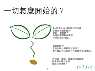 ⼀一切怎麼開始的？
3⼈人的想法--20多位共同作者	

多個外部合作夥伴	

創新、創意點⼦子	

台灣校園與新創團隊	

未來的更多可能...

遇到好夥伴	

直接來開⼀一個網站怎麼樣？	

會不會沒有⼈人要看？外⾯面競爭者這麼多...

對科技、網路、商業模式有興趣	

每天都來看⽂文章吧	

好想寫部落格！
6

 