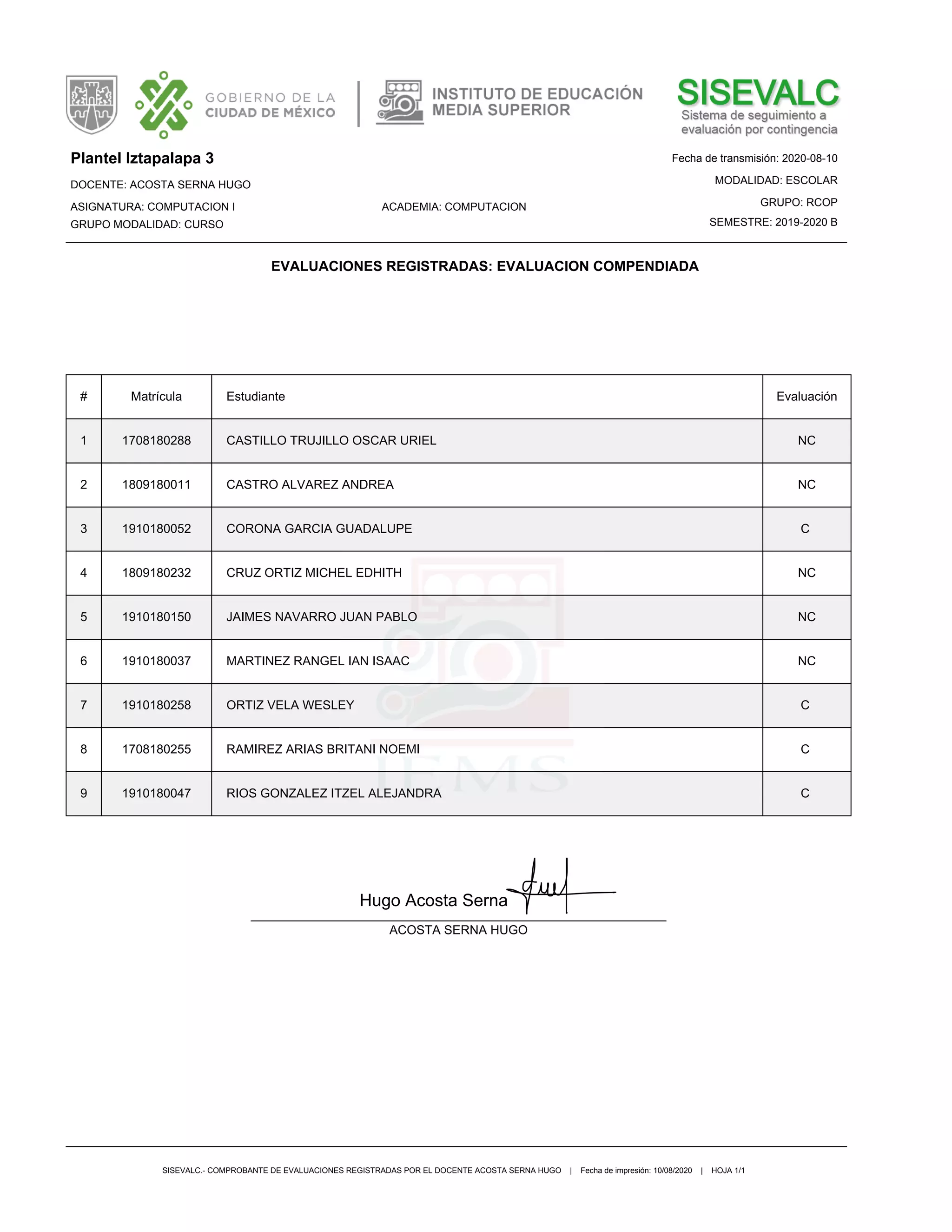 Plantel Iztapalapa 3 Fecha de transmisión: 2020-08-10
DOCENTE: ACOSTA SERNA HUGO MODALIDAD: ESCOLAR
ASIGNATURA: COMPUTACION I ACADEMIA: COMPUTACION GRUPO: RCOP
GRUPO MODALIDAD: CURSO SEMESTRE: 2019-2020 B
EVALUACIONES REGISTRADAS: EVALUACION COMPENDIADA
# Matrícula Estudiante Evaluación
1 1708180288 CASTILLO TRUJILLO OSCAR URIEL NC
2 1809180011 CASTRO ALVAREZ ANDREA NC
3 1910180052 CORONA GARCIA GUADALUPE C
4 1809180232 CRUZ ORTIZ MICHEL EDHITH NC
5 1910180150 JAIMES NAVARRO JUAN PABLO NC
6 1910180037 MARTINEZ RANGEL IAN ISAAC NC
7 1910180258 ORTIZ VELA WESLEY C
8 1708180255 RAMIREZ ARIAS BRITANI NOEMI C
9 1910180047 RIOS GONZALEZ ITZEL ALEJANDRA C
____________________________________________________________
ACOSTA SERNA HUGO
SISEVALC.- COMPROBANTE DE EVALUACIONES REGISTRADAS POR EL DOCENTE ACOSTA SERNA HUGO | Fecha de impresión: 10/08/2020 | HOJA 1/1
Hugo Acosta Serna
