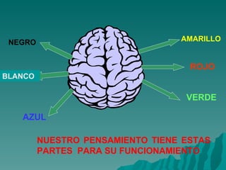 AMARILLO ROJO VERDE NEGRO BLANCO AZUL NUESTRO PENSAMIENTO TIENE ESTAS PARTES  PARA SU FUNCIONAMIENTO 