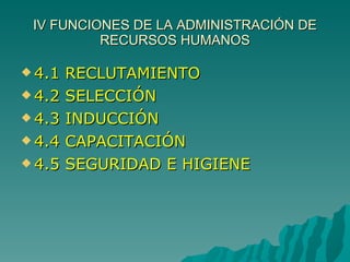 IV FUNCIONES DE LA ADMINISTRACIÓN DE RECURSOS HUMANOS 4.1 RECLUTAMIENTO 4.2 SELECCIÓN 4.3 INDUCCIÓN 4.4 CAPACITACIÓN 4.5 SEGURIDAD E HIGIENE 