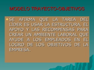 MODELO TRAYECTO-OBJETIVOS SE AFIRMA QUE LA TAREA DEL LÍDER ES USAR LA ESTRUCTURA, EL APOYO Y LAS RECOMPENSAS PARA CREAR UN AMBIENTE LABORAL QUE AYUDE A LOS EMPLEADOS EN EL LOGRO DE LOS OBJETIVOS DE LA EMPRESA. 
