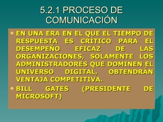 5.2.1 PROCESO DE COMUNICACIÓN EN UNA ERA EN EL QUE EL TIEMPO DE RESPUESTA ES CRÍTICO PARA EL DESEMPEÑO EFICAZ DE LAS ORGANIZACIONES, SOLAMENTE LOS ADMINISTRADORES QUE DOMINEN EL UNIVERSO DIGITAL, OBTENDRÁN VENTAJA COMPETITIVA. BILL GATES (PRESIDENTE DE MICROSOFT) 