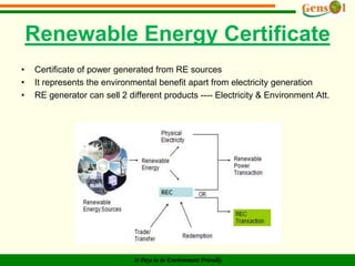 India’s per capita emissions will not exceed those of the developed countries. BackgroundSection 86 (1) (e) of EA, 03,NAPCC envisages several measures to address global warmingShare of RE should be increases in total electrical consumption 5% for  2009-10 with an escalation of 1% each year till 2020 Strong Policy Measures, proactive regulatory framework, innovative financing instrumentsNAPCCLaunched in June 2008Conceptualizes living in harmony with Nature Aims at significantly increasing the share of solar energy in the total energy mix Aims at saving of 10,000 MW by the end of 11th Five Year Plan in 2012. ESCREC