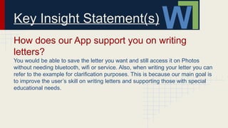 Key Insight Statement(s)
How does our App support you on writing
letters?
You would be able to save the letter you want and still access it on Photos
without needing bluetooth, wifi or service. Also, when writing your letter you can
refer to the example for clarification purposes. This is because our main goal is
to improve the user’s skill on writing letters and supporting those with special
educational needs.
 