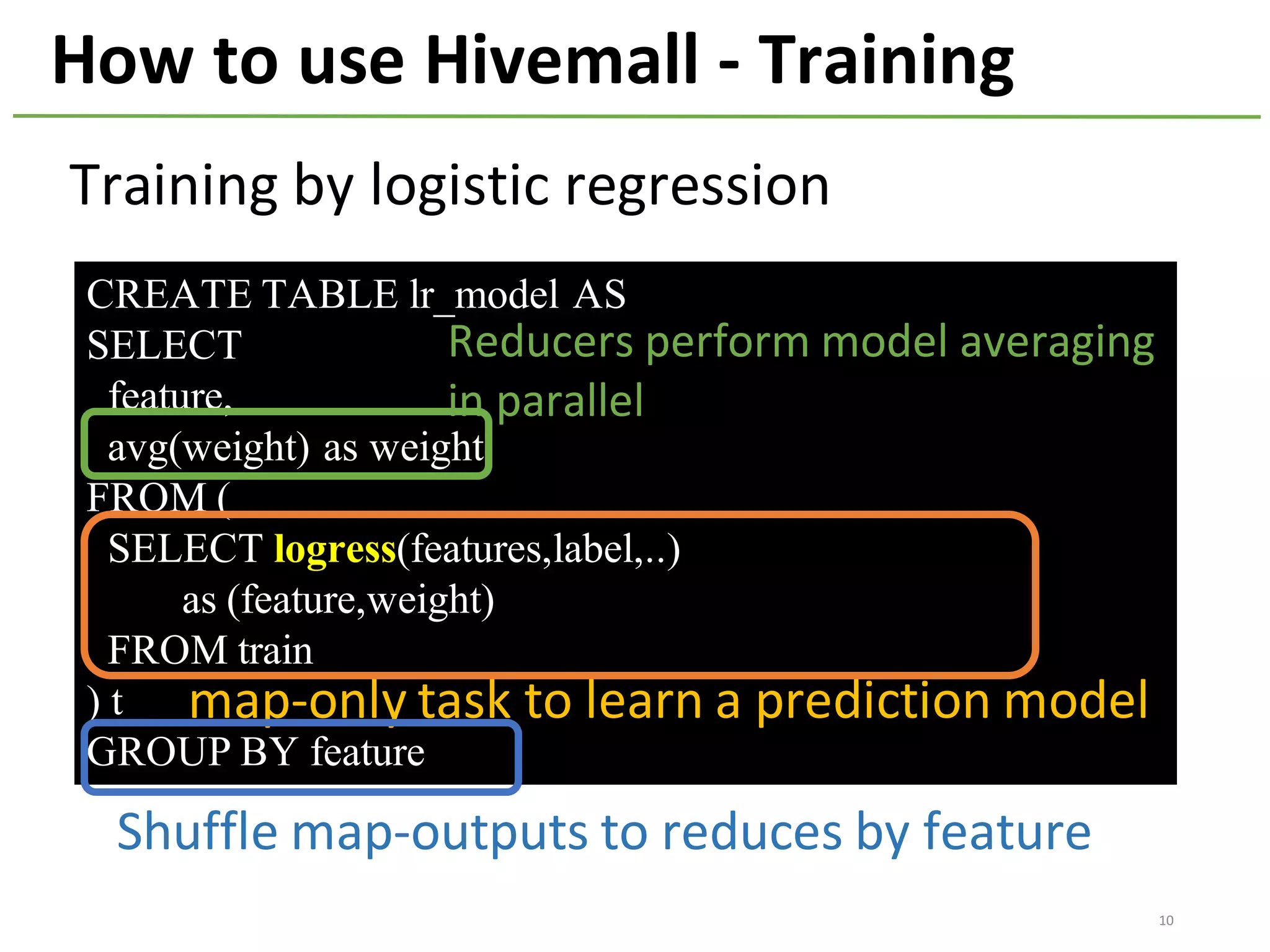 How	to	use	Hivemall	- Training
CREATE TABLE lr_model AS
SELECT
feature,
avg(weight) as weight
FROM (
SELECT logress(features,label,..)
as (feature,weight)
FROM train
) t
GROUP BY feature
Training	by	logistic	regression
map-only	task	to	learn	a	prediction	model
Shuffle	map-outputs	to	reduces	by	feature
Reducers	perform	model	averaging	
in	parallel
10
 