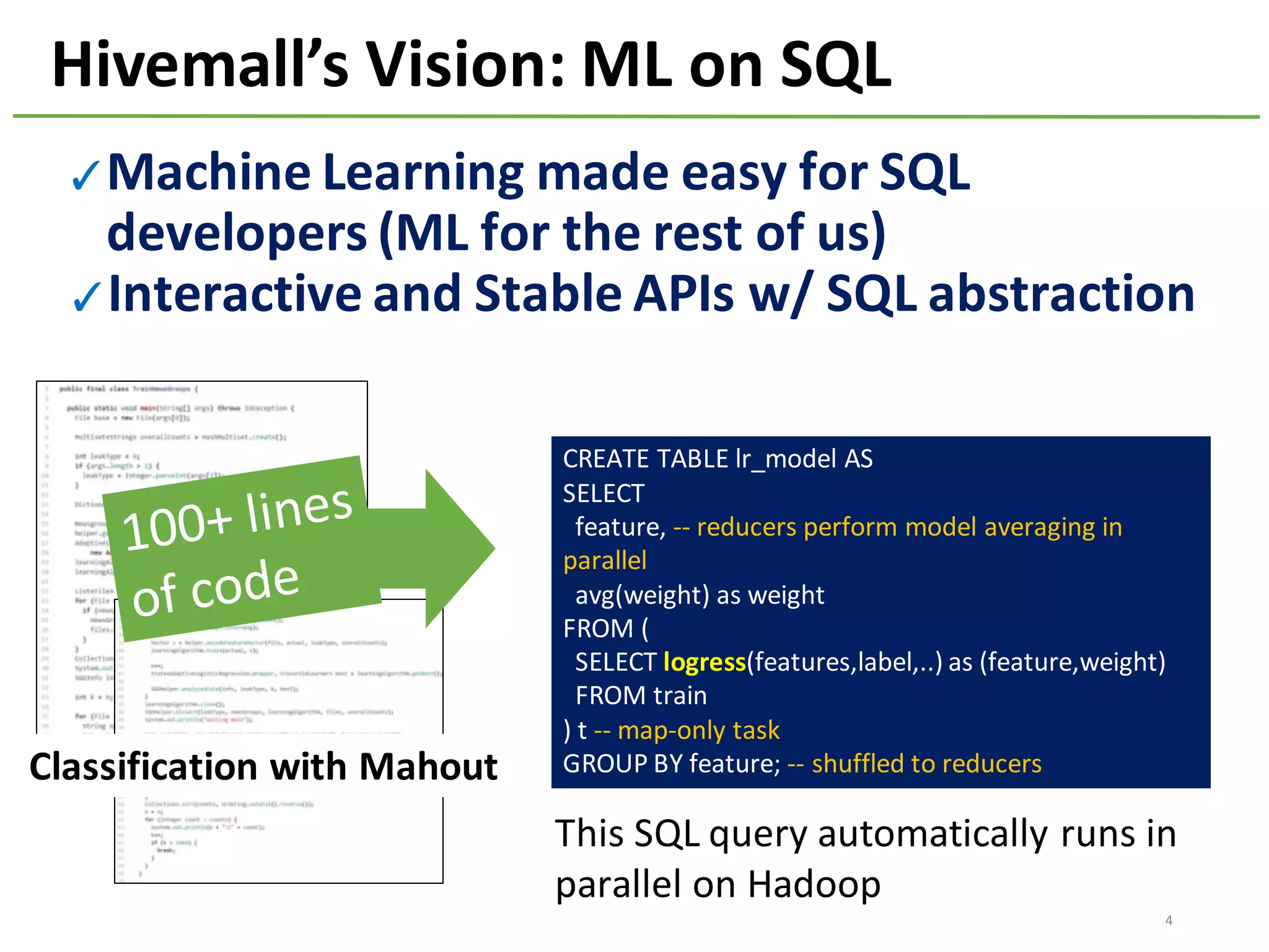 Hivemall’s Vision:	ML	on	SQL
Classification	with	Mahout
CREATE	TABLE	lr_model	AS
SELECT
feature,	-- reducers	perform	model	averaging	in	
parallel
avg(weight)	as	weight
FROM	(
SELECT	logress(features,label,..)	as	(feature,weight)
FROM	train
)	t	-- map-only	task
GROUP	BY	feature;	-- shuffled	to	reducers
✓Machine	Learning	made	easy	for	SQL	
developers	(ML	for	the	rest	of	us)
✓Interactive	and	Stable	APIs	w/ SQL	abstraction
This	SQL	query	automatically	runs	in	
parallel	on	Hadoop	
4
 