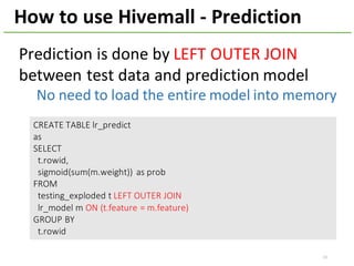 How	to	use	Hivemall	- Prediction
CREATE	TABLE	lr_predict
as
SELECT
t.rowid,	
sigmoid(sum(m.weight))	 as	prob
FROM
testing_exploded t	LEFT	OUTER	JOIN
lr_model m	ON	(t.feature =	m.feature)
GROUP	BY	
t.rowid
Prediction	is	done	by	LEFT	OUTER	JOIN
between	test	data	and	prediction	model
No	need	to	load	the	entire	model	into	memory
13
 