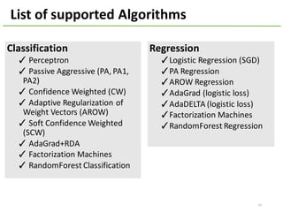 14
Classification
✓ Perceptron
✓ Passive	Aggressive	(PA,	PA1,	
PA2)
✓ Confidence	Weighted	(CW)
✓ Adaptive	Regularization	of	
Weight	Vectors	(AROW)
✓ Soft	Confidence	Weighted	
(SCW)
✓ AdaGrad+RDA
✓ Factorization	Machines
✓ RandomForest	Classification
Regression
✓Logistic	Regression	(SGD)
✓PA	Regression
✓AROW	Regression
✓AdaGrad (logistic	loss)
✓AdaDELTA (logistic	loss)
✓Factorization	Machines
✓RandomForest	Regression
List	of	supported	Algorithms
 