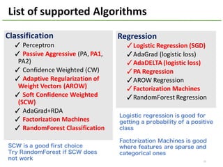 List	of	supported	Algorithms
15
Classification	
✓ Perceptron
✓ Passive	Aggressive	(PA,	PA1,	
PA2)
✓ Confidence	Weighted	(CW)
✓ Adaptive	Regularization	of	
Weight	Vectors	(AROW)
✓ Soft	Confidence	Weighted	
(SCW)
✓ AdaGrad+RDA
✓ Factorization	Machines
✓ RandomForest	Classification
Regression
✓Logistic	Regression	(SGD)
✓AdaGrad (logistic	loss)
✓AdaDELTA (logistic	loss)
✓PA	Regression
✓AROW	Regression
✓Factorization	Machines
✓RandomForest	Regression
SCW is a good first choice
Try RandomForest if SCW does
not work
Logistic regression is good for
getting a probability of a positive
class
Factorization Machines is good
where features are sparse and
categorical ones
 