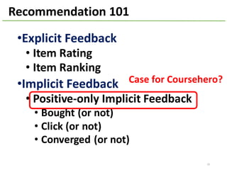 •Explicit	Feedback
• Item	Rating
• Item	Ranking
•Implicit	Feedback
• Positive-only	Implicit	Feedback
• Bought	(or	not)	
• Click	(or	not)
• Converged	(or	not)
20
Recommendation	101
Case	for	Coursehero?
 