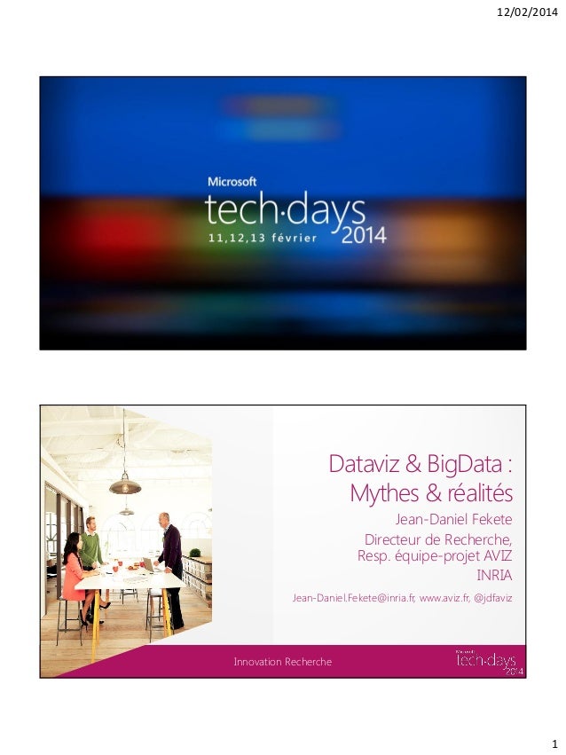 12/02/2014

Dataviz & BigData :
Mythes & réalités
Jean-Daniel Fekete
Directeur de Recherche,
Resp. équipe-projet AVIZ
INRI...
