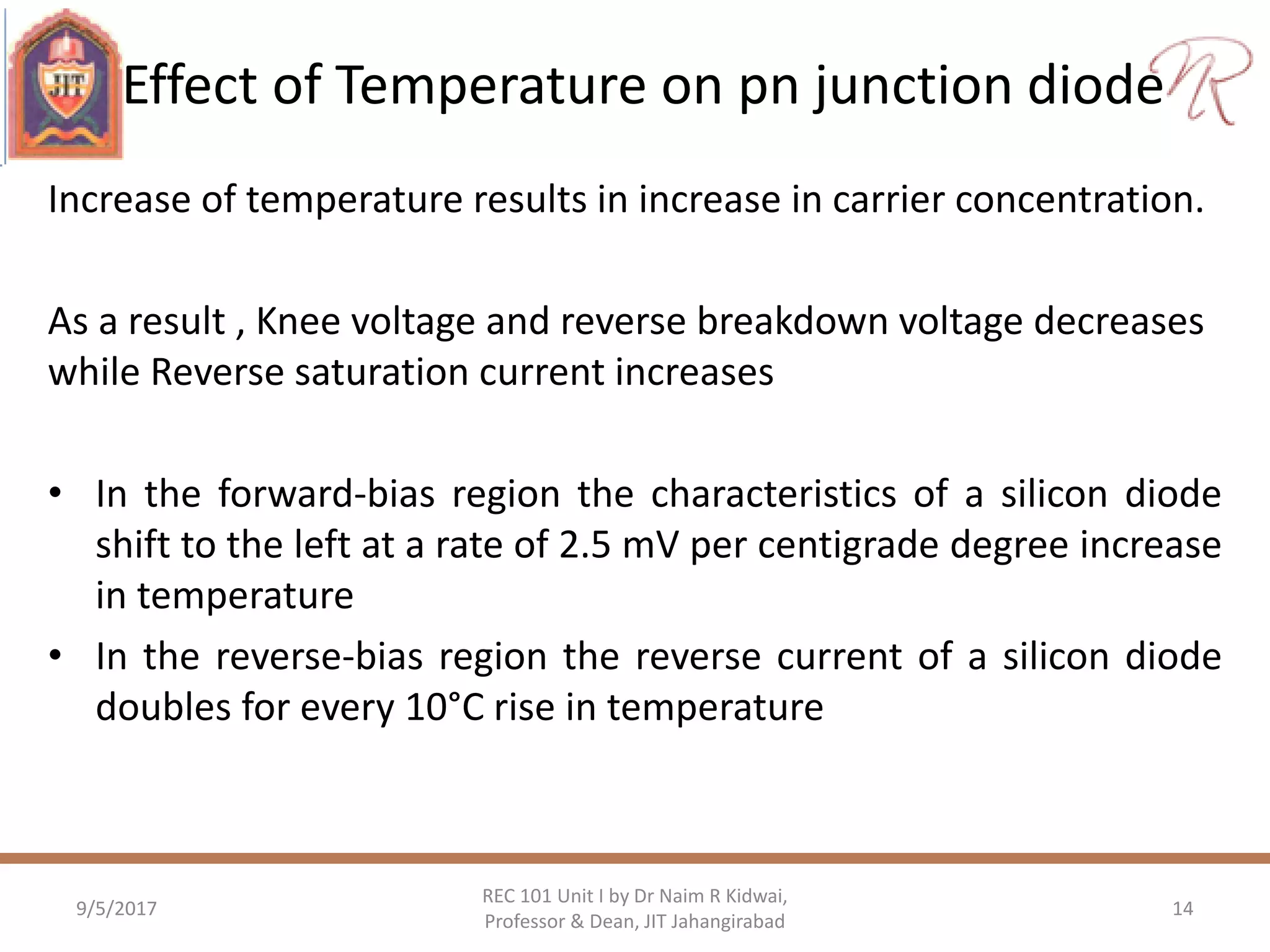 Effect of Temperature on pn junction diode
Increase of temperature results in increase in carrier concentration.
As a result , Knee voltage and reverse breakdown voltage decreases
while Reverse saturation current increases
• In the forward-bias region the characteristics of a silicon diode
shift to the left at a rate of 2.5 mV per centigrade degree increase
in temperature
• In the reverse-bias region the reverse current of a silicon diode
doubles for every 10°C rise in temperature
9/5/2017
REC 101 Unit I by Dr Naim R Kidwai,
Professor & Dean, JIT Jahangirabad
14
 