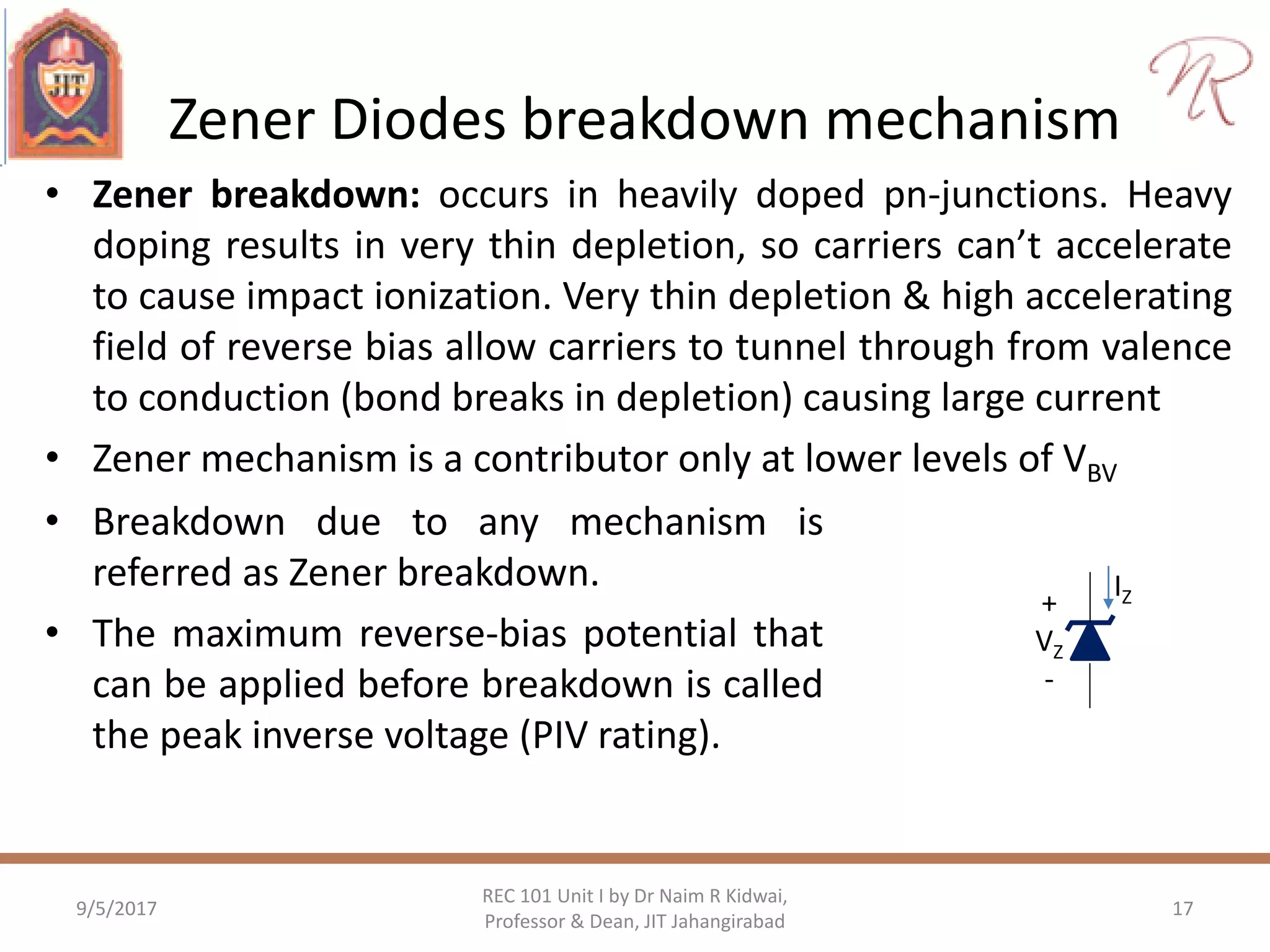 Zener Diodes breakdown mechanism
• Zener breakdown: occurs in heavily doped pn-junctions. Heavy
doping results in very thin depletion, so carriers can’t accelerate
to cause impact ionization. Very thin depletion & high accelerating
field of reverse bias allow carriers to tunnel through from valence
to conduction (bond breaks in depletion) causing large current
• Zener mechanism is a contributor only at lower levels of VBV
9/5/2017
REC 101 Unit I by Dr Naim R Kidwai,
Professor & Dean, JIT Jahangirabad
17
• Breakdown due to any mechanism is
referred as Zener breakdown.
• The maximum reverse-bias potential that
can be applied before breakdown is called
the peak inverse voltage (PIV rating).
+
VZ
-
IZ
 